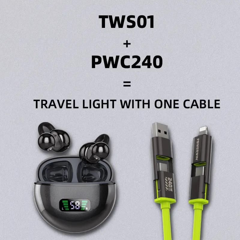 Powerwin TWS01 Bluetooth 5.4 Open-Ear Earphones + PWC240 240W 4-in-1